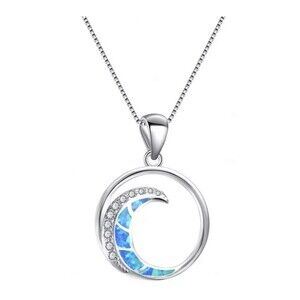 Ocean Wave Silver Simulated Blue Opal Pendant Necklace Fashion Jewelry